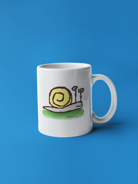 Sly the Snail mug - Cute illustrated funny snail coffee mug designed by Hector and Bone