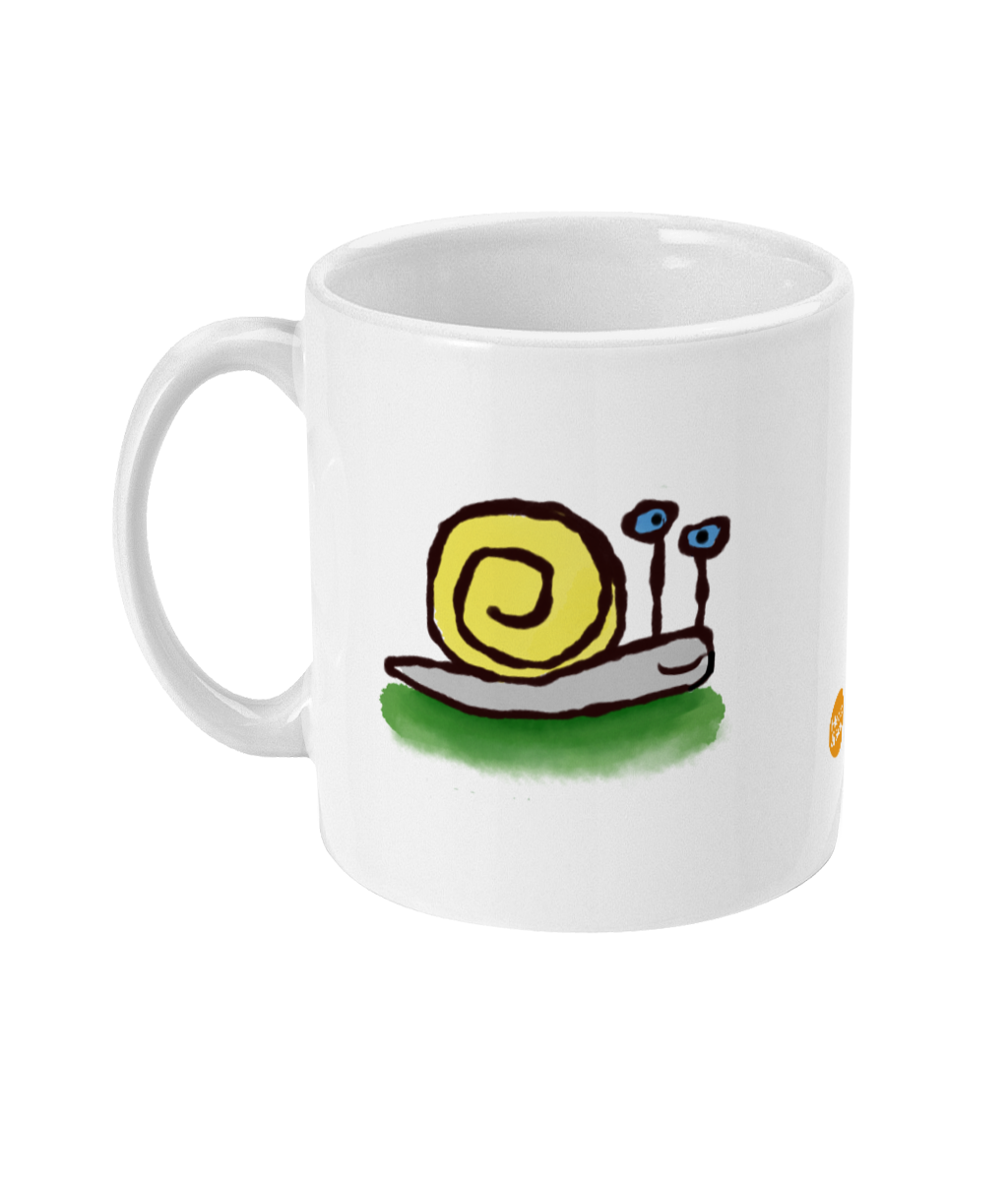Sly the Snail Mug - Funny Snail illustrated coffee mug by Hector and Bone Left View