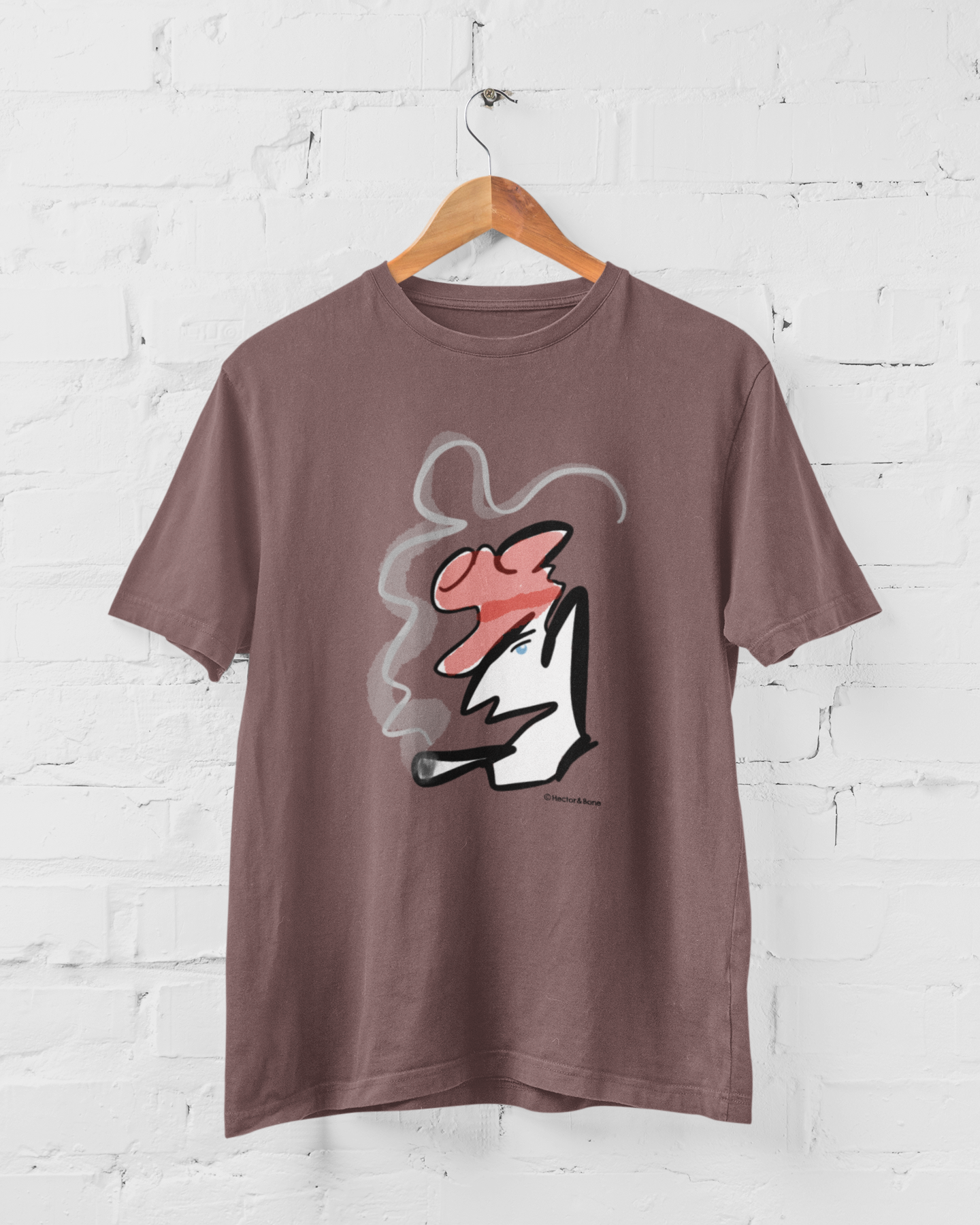 Coffee colour quality vegan cotton t-shirt with Hector and Bone smoking man Monsieur Gaulois illustrated Parisian abstract t-shirt design