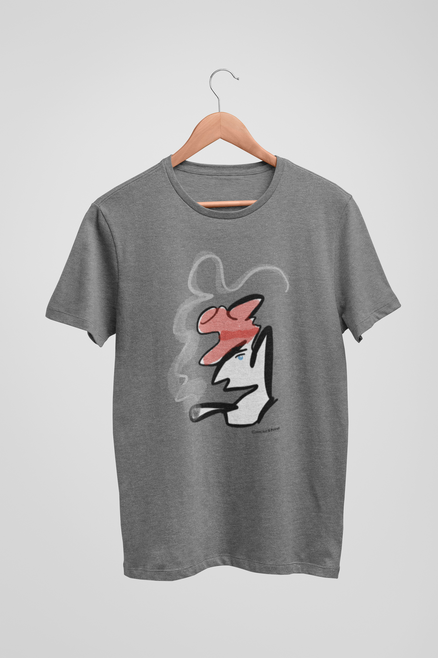 Mid heather grey colour quality vegan cotton t-shirt with Hector and Bone smoking man Monsieur Gaulois illustrated Parisian abstract t-shirt design