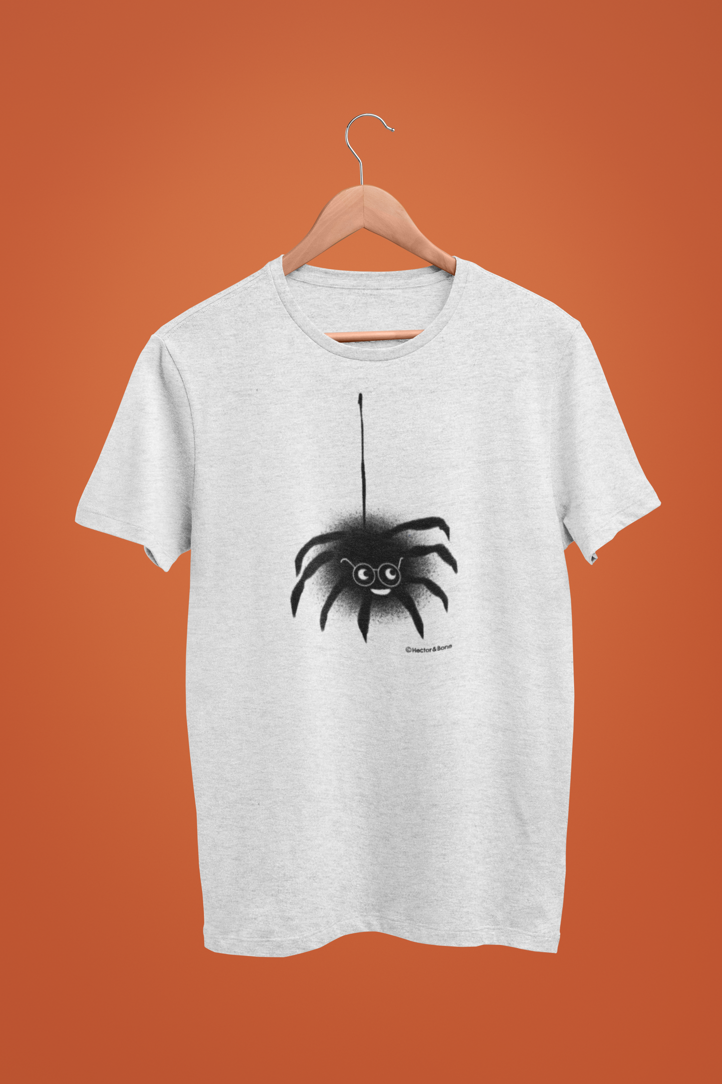 Spider T-shirt - A cute Spencer Spider Halloween original illustrated Spectacled Spider tshirt design on pumpkin orange colour Hector and Bone cotton tshirts