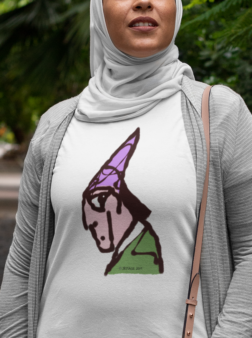 Wizard T-shirt - Young woman wearing a illustrated magical wizard t-shirt in mid heather grey colour vegan cotton by Hector and Bone