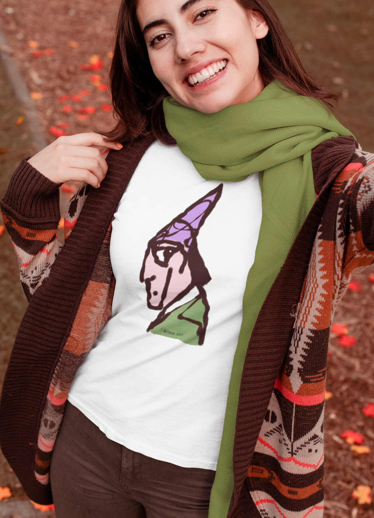 Wizard T-shirt - Young woman outside wearing a illustrated magical wizard t-shirt in mid heather grey colour vegan cotton by Hector and Bone