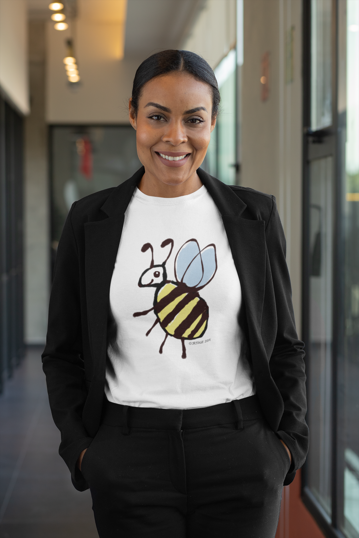 Bee T-shirt - Young woman wearing a cute Busy Bee illustrated white vegan cotton t-shirts by Hector and Bone