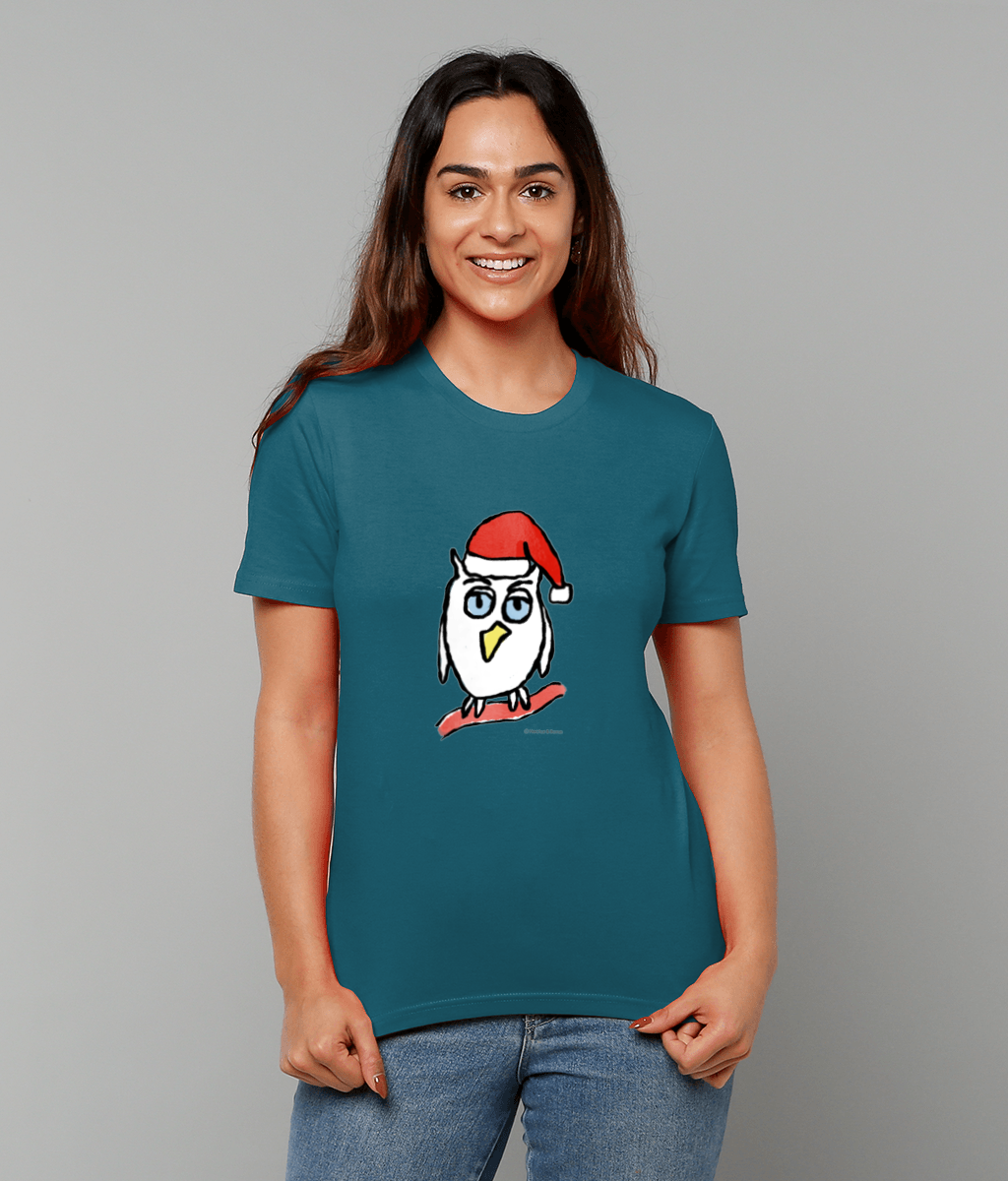 Santa Night Owl Christmas T-shirt - Happy young woman wearing an Illustrated funny Xmas night owl on a night blue colour vegan cotton t-shirt by Hector and Bone