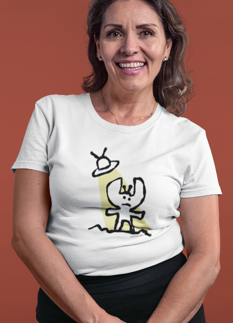 Alien T-shirt - Woman wearing a cute Alien t-shirt illustrated on a classic white vegan t-shirt by Hector and Bone