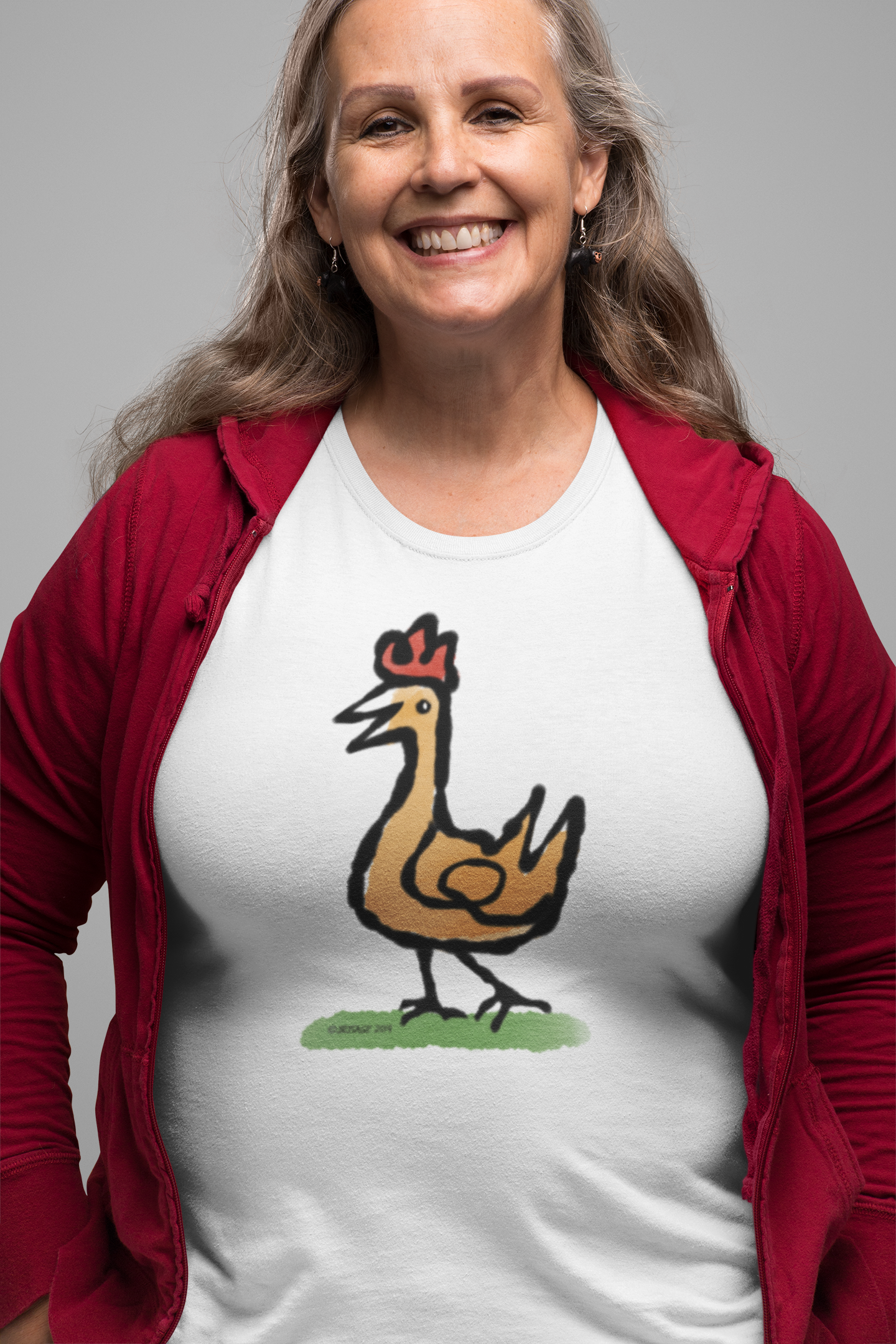 Happy Chicken T-shirt - Woman wearing Illustrated Funny Chicken design on a white vegan cotton t-shirt by Hector and Bone