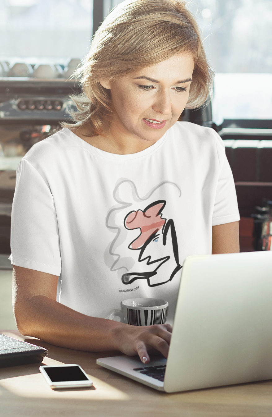 Woman in cafe wearing a quality vegan cotton t-shirt with Hector and Bone smoker man Monsieur Gaulois illustrated design