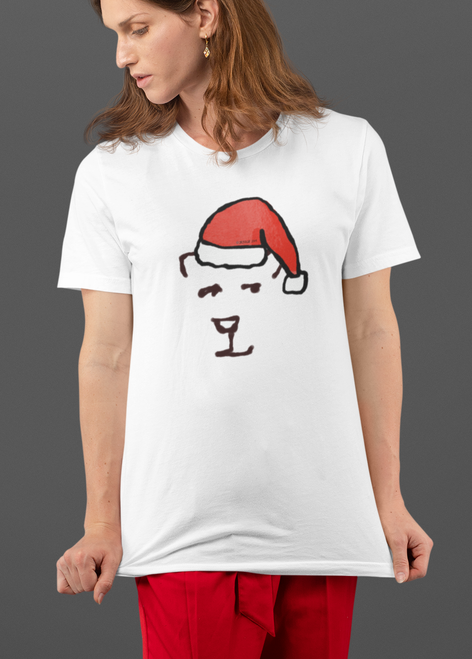 Young woman wearing a Santa Polar Bear cute Christmas T-shirt illustrated design by Hector and Bone on a Vegan tee shirt