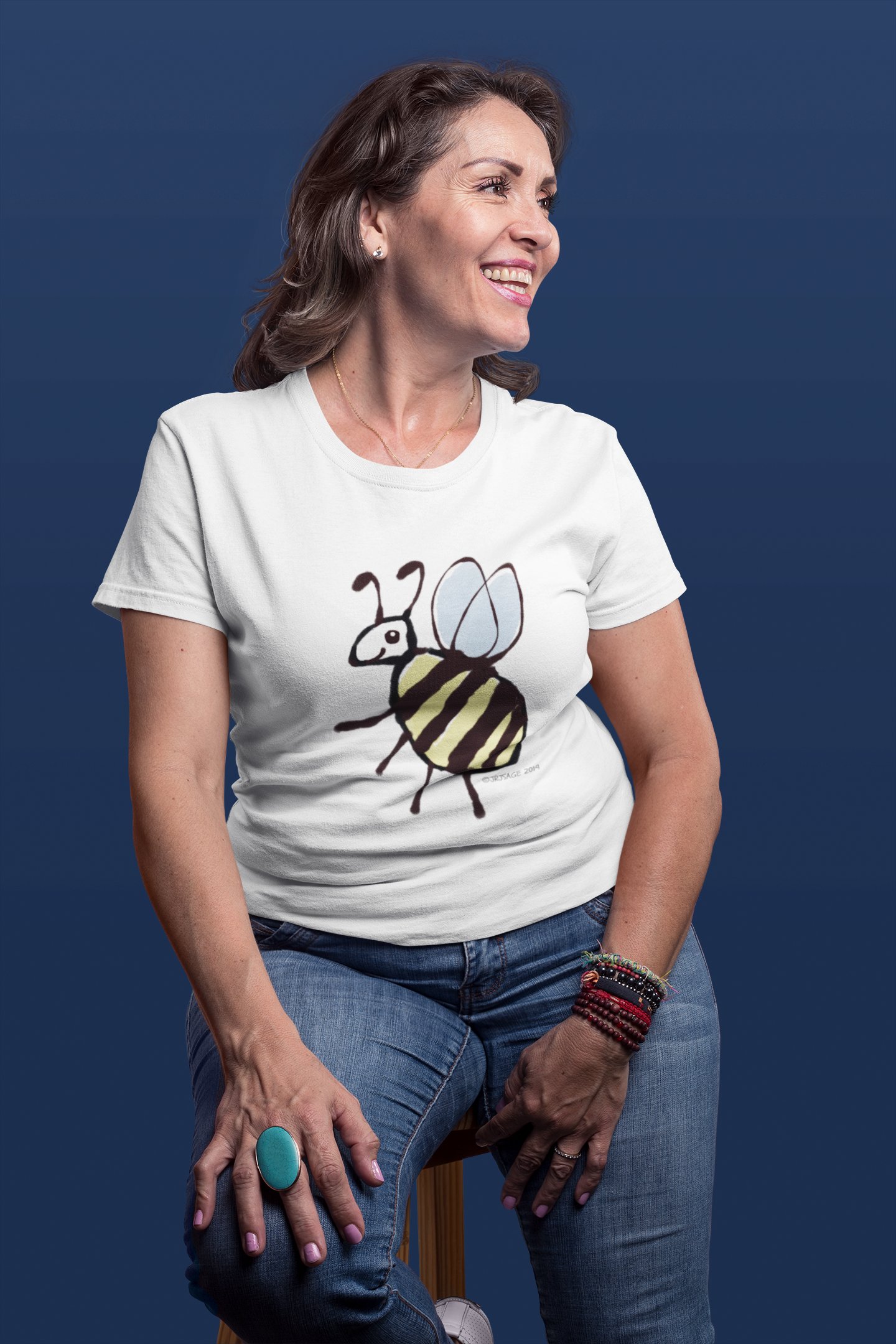 Bee T-shirt - Woman wearing a cute Busy Bee illustrated white vegan cotton t-shirts by Hector and Bone