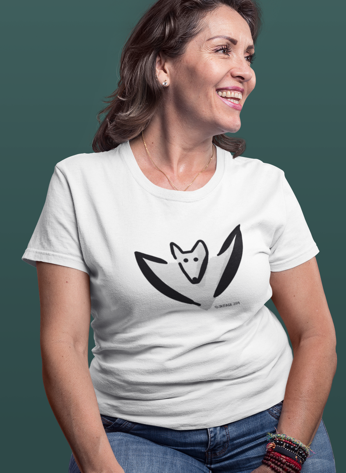 Vampire Bat T-shirt - A happy woman wearing a cute Halloween Bertie Bat original illustrated design on a Hector and Bone quality cotton t-shirt