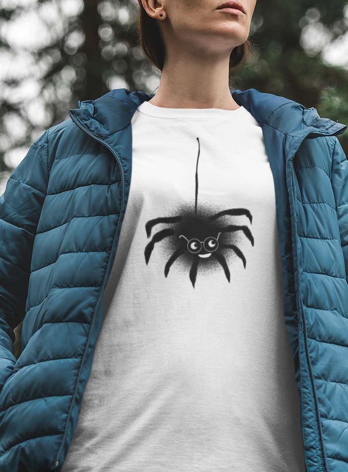 Spider T-shirt - A woman outdoors wearing a cute Spencer Spider original illustrated Halloween design on a Hector and Bone quality cotton t-shirt
