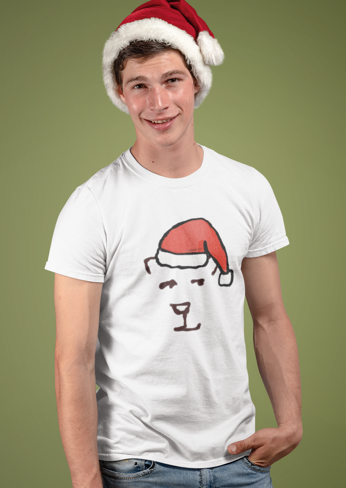 Young man with Santa hat wearing a Santa Polar Bear cute Christmas T-shirt illustrated design by Hector and Bone on a Vegan tee shirt