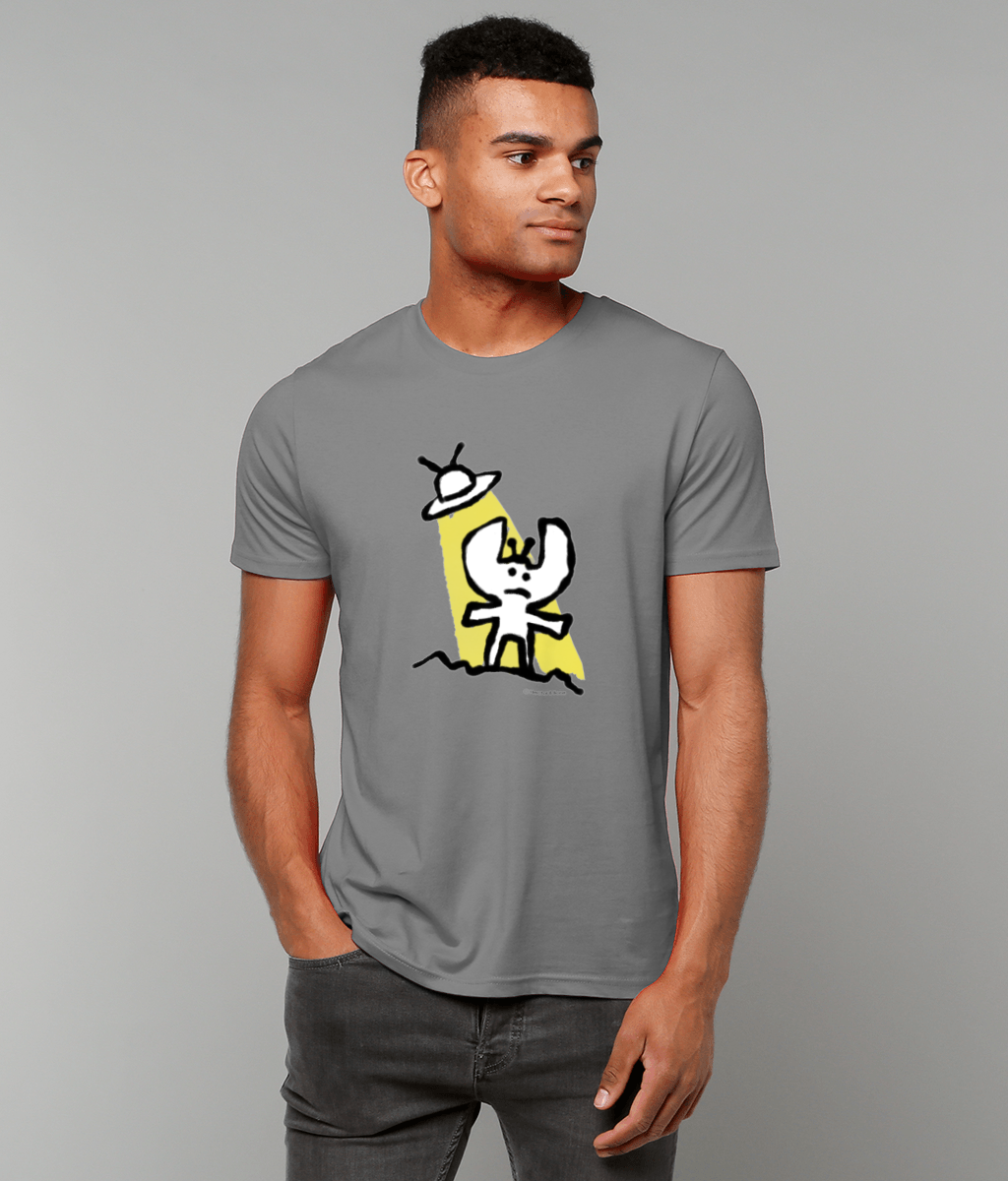 Alien T-shirt - Young man casually wearing a cute Alien t-shirt illustrated on a mid heather grey quality t-shirt by Hector and Bone