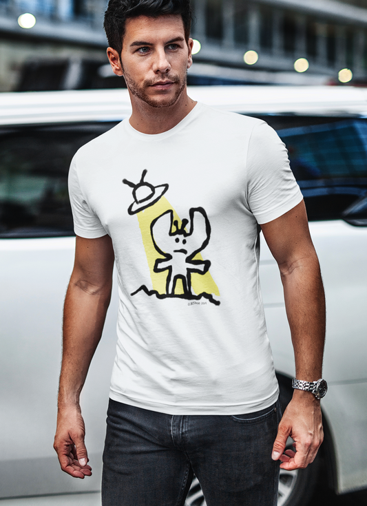 Alien T-shirt - Man wearing a cute Alien and his spaceship tee illustrated on a classic white vegan t-shirt by Hector and Bone