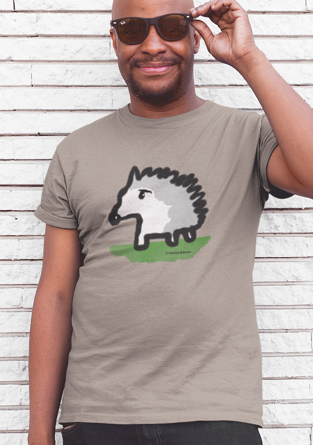 Hedgehog T-shirt - Man wearing a cute illustrated baby hedgehog t-shirt in desert dust vegan cotton by Hector and Bone
