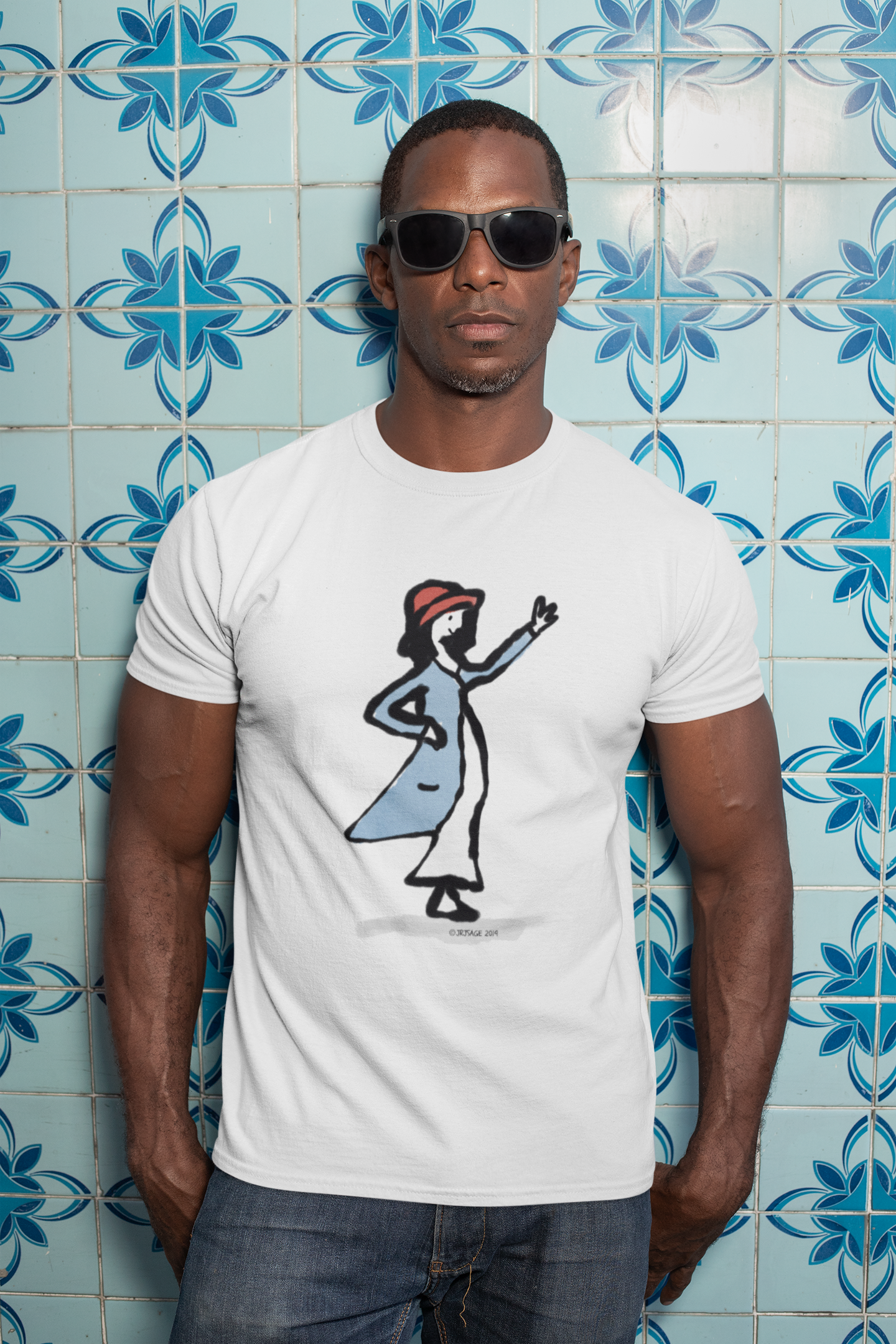 A young man in sunglasses wearing a vegan cotton t-shirt with printed illustration of a waving girl design by hector and bone