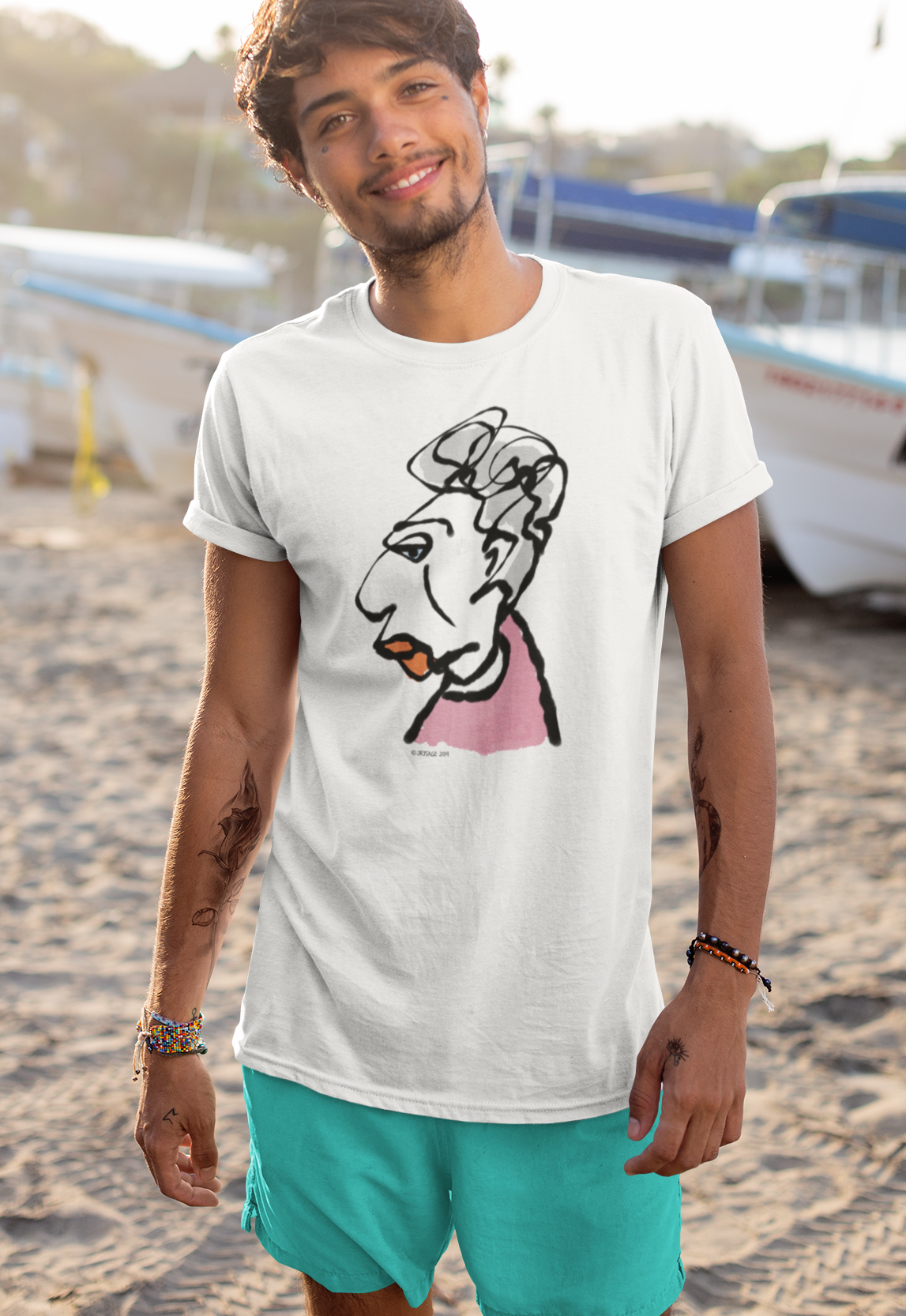 Glamorous Granny T-shirt - Young man wearing illustrated Glamorous Granny T-shirt on classic white by Hector and Bone