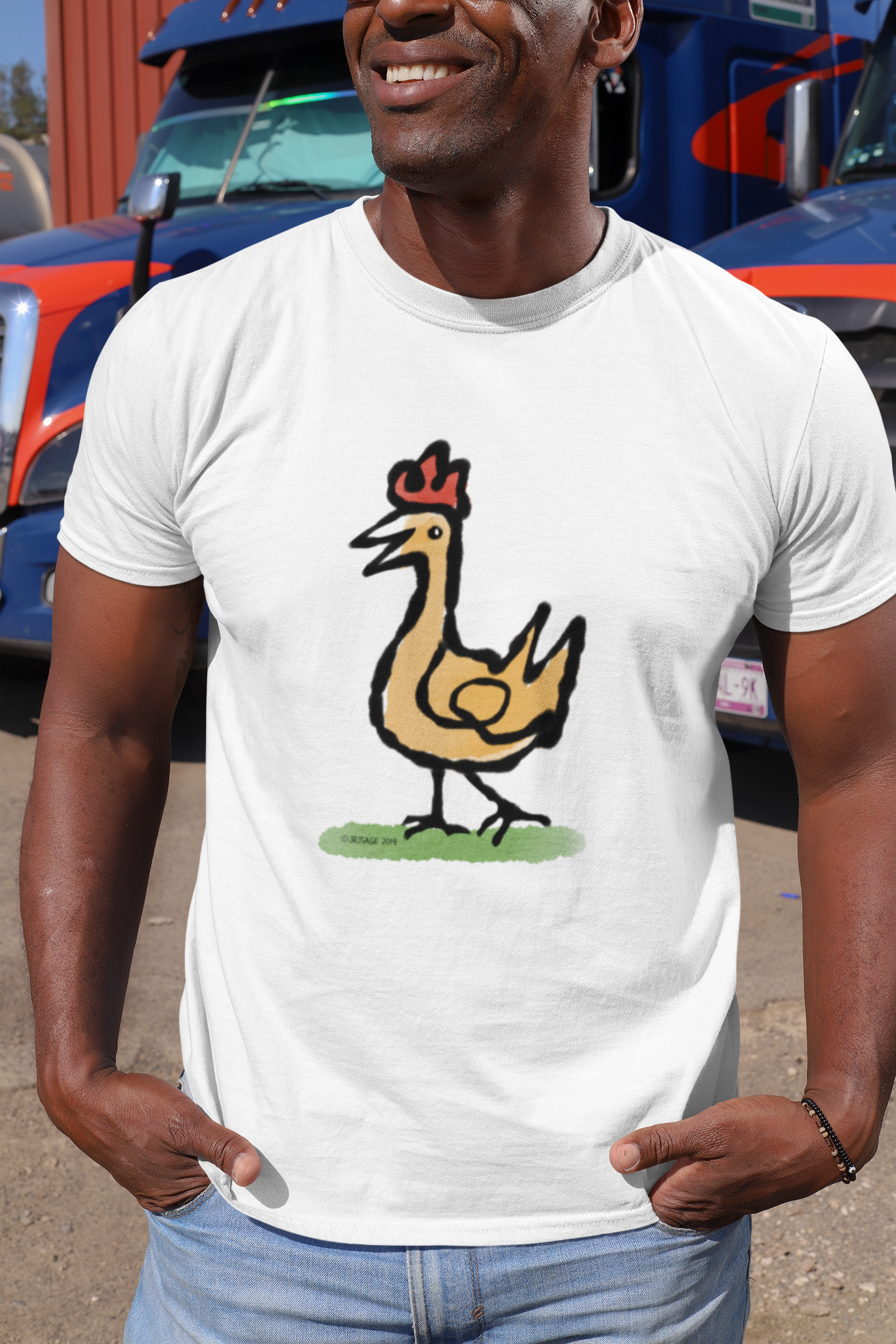 Happy Chicken T-shirt - Young man wearing Illustrated Funny Chicken design on a white vegan cotton t-shirt by Hector and Bone