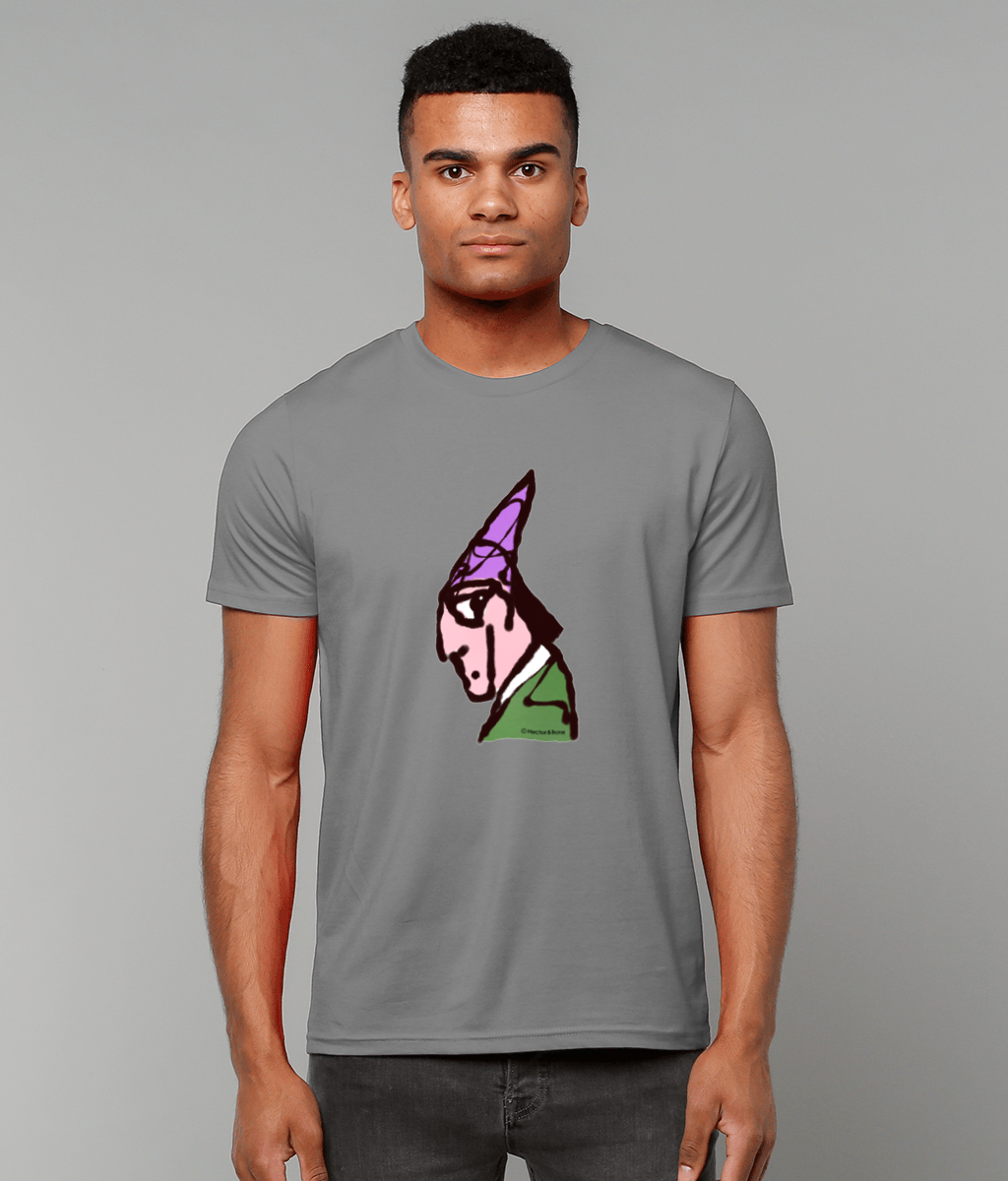 Wizard T-shirt - Young man wearing a illustrated magical wizard t-shirt in mid heather grey colour vegan cotton by Hector and Bone