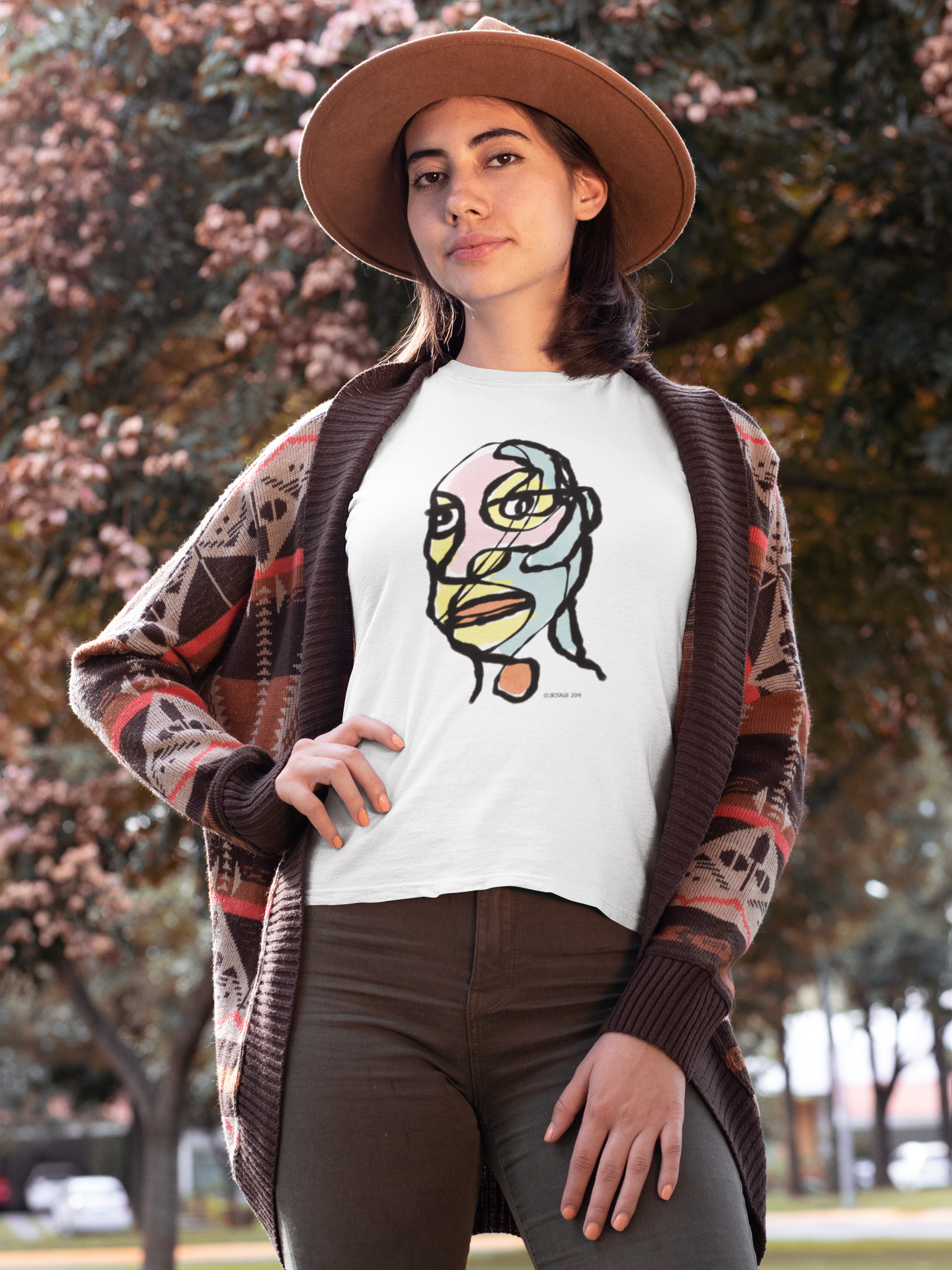 Abstract man portrait t-shirt - Young woman wearing an Edgy Eddie abstract man's face illustrated on a vegan white cotton t-shirt by Hector and Bone