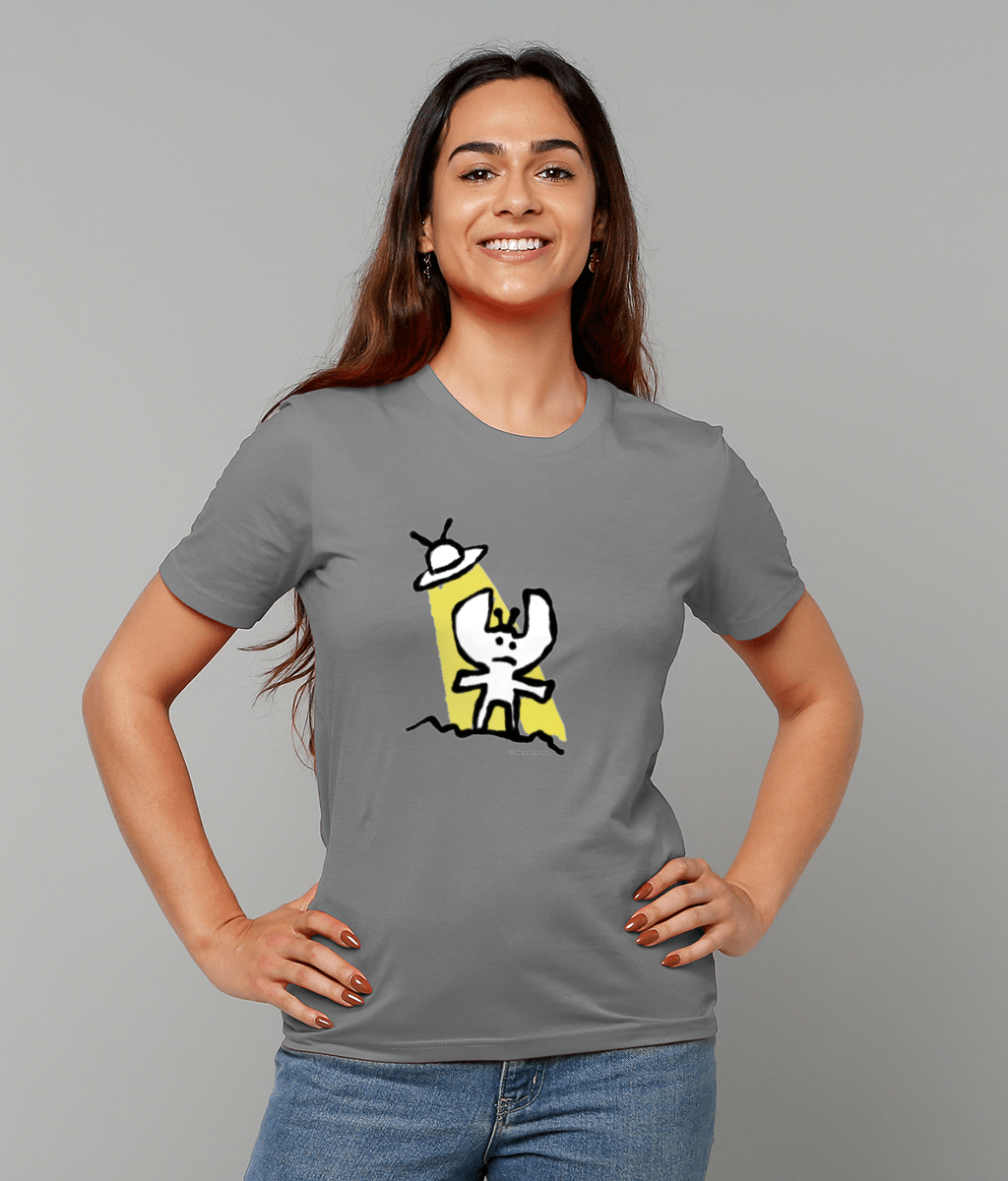 Alien T-shirt - Young woman casually wearing a cute Alien t-shirt illustrated on a mid heather grey quality t-shirt by Hector and Bone