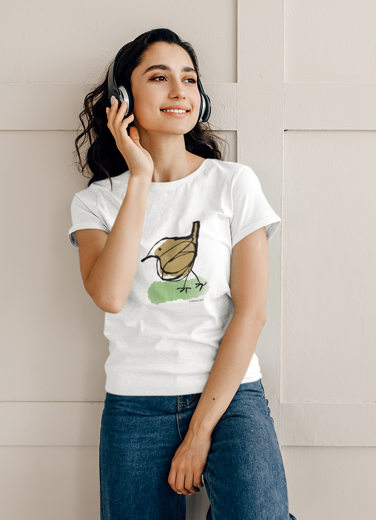 Young woman wearing a cotton t-shirt with a printed hand drawn cute jenny wren bird design by hector and bone