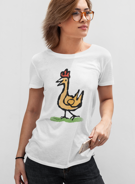 Happy Chicken T-shirts - Young woman wearing Illustrated Funny Chicken design on a white vegan cotton t-shirt by Hector and Bone