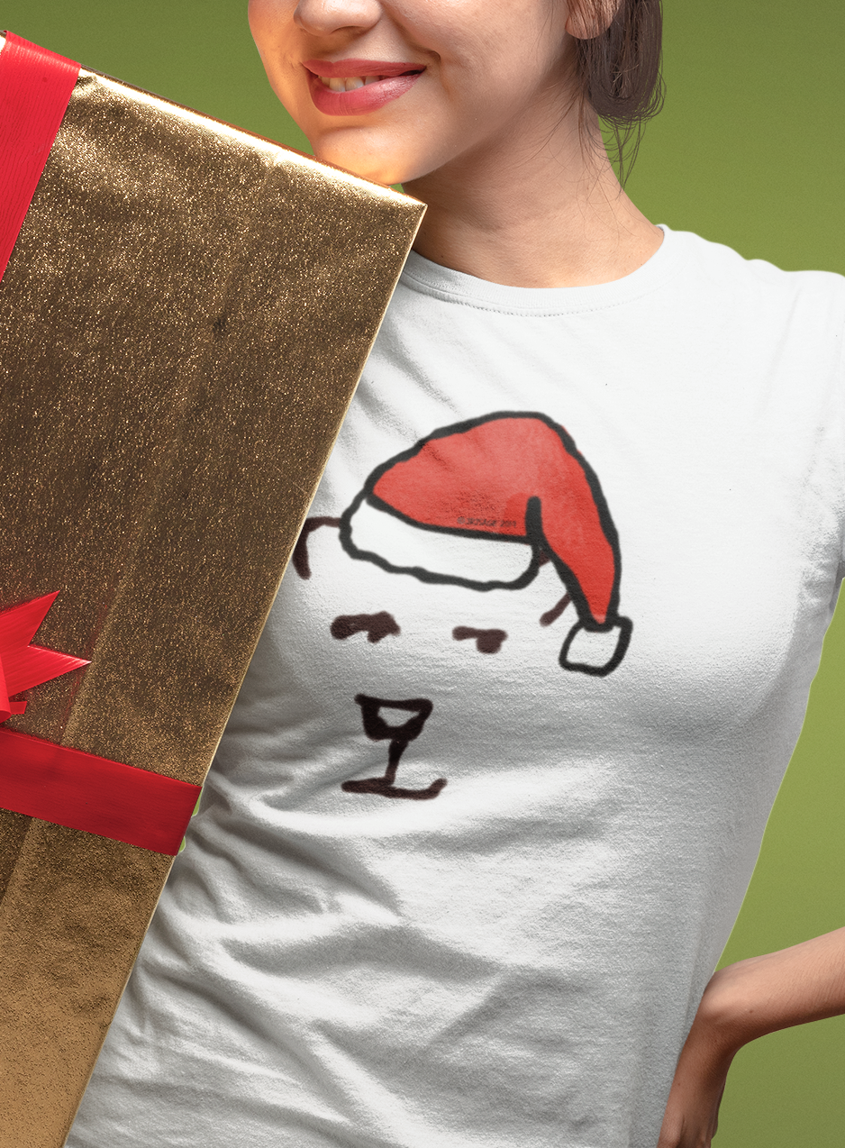 Young woman with gift wearing a Santa Polar Bear cute Christmas T-shirt illustrated design by Hector and Bone on a Vegan tee shirt