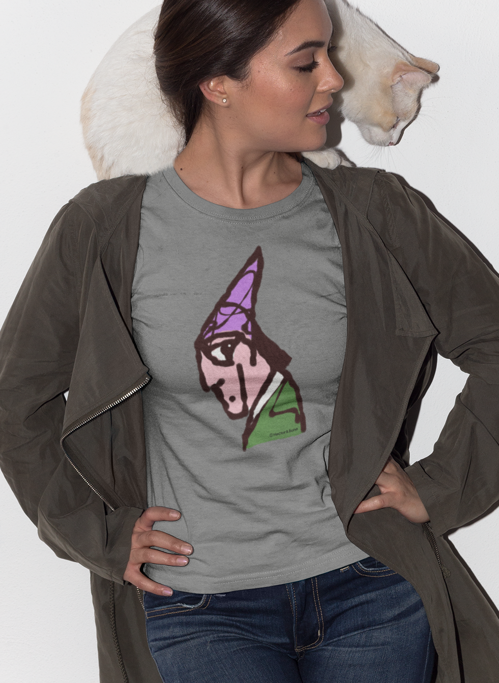 Wizard T-shirt - Young woman with a cat, wearing a illustrated magical wizard t-shirt in mid heather grey vegan cotton by Hector and Bone
