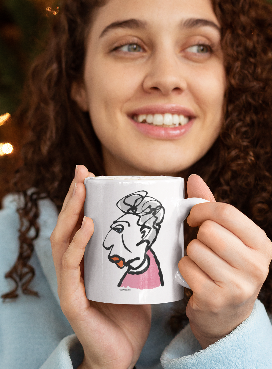 A woman holding a White Ceramic Hector and Bone Mug with an illustration of a Glamorous Granny